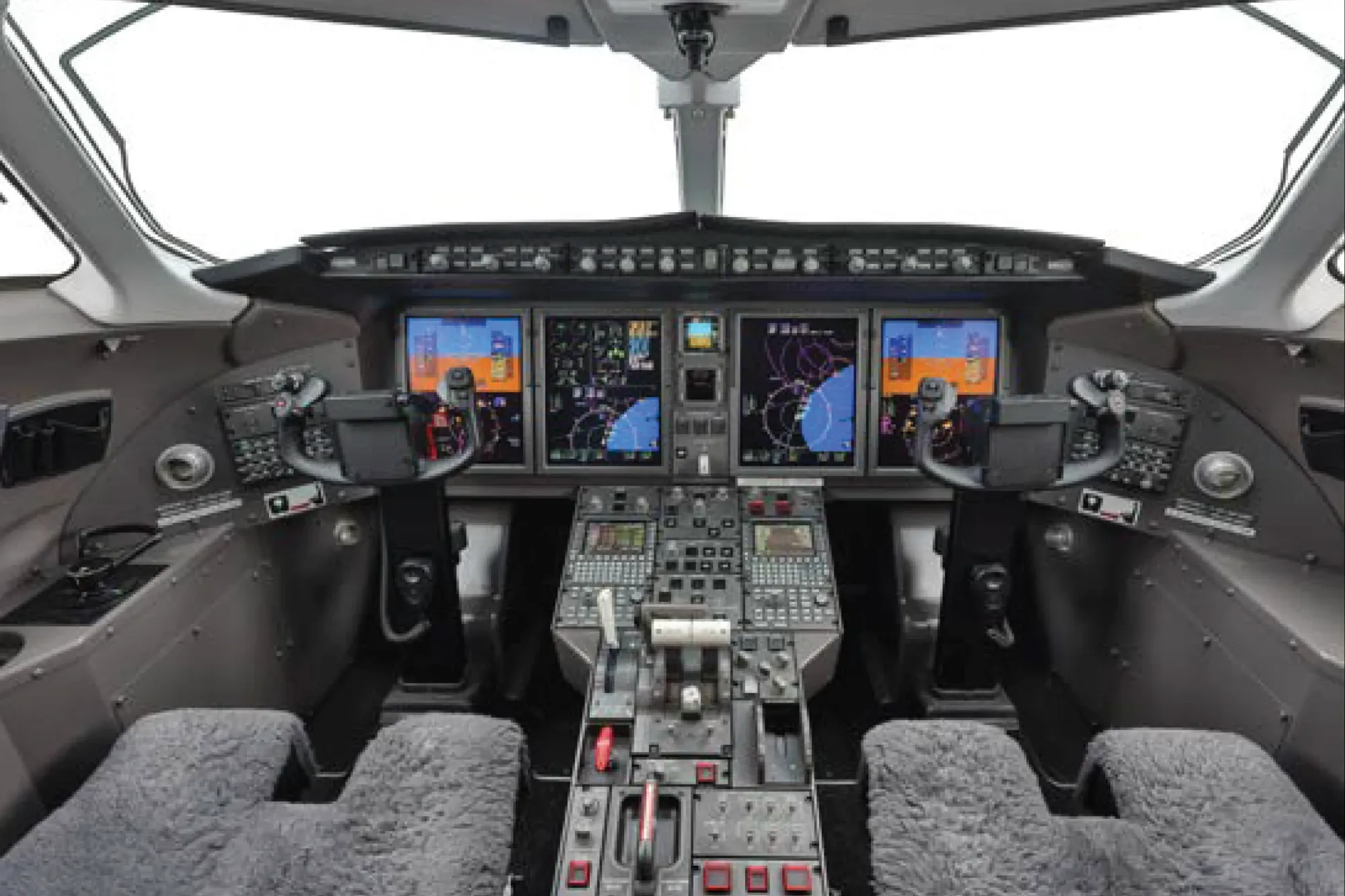 Cockpit and instrument panel of a 2011 Bombardier Challenger 300.