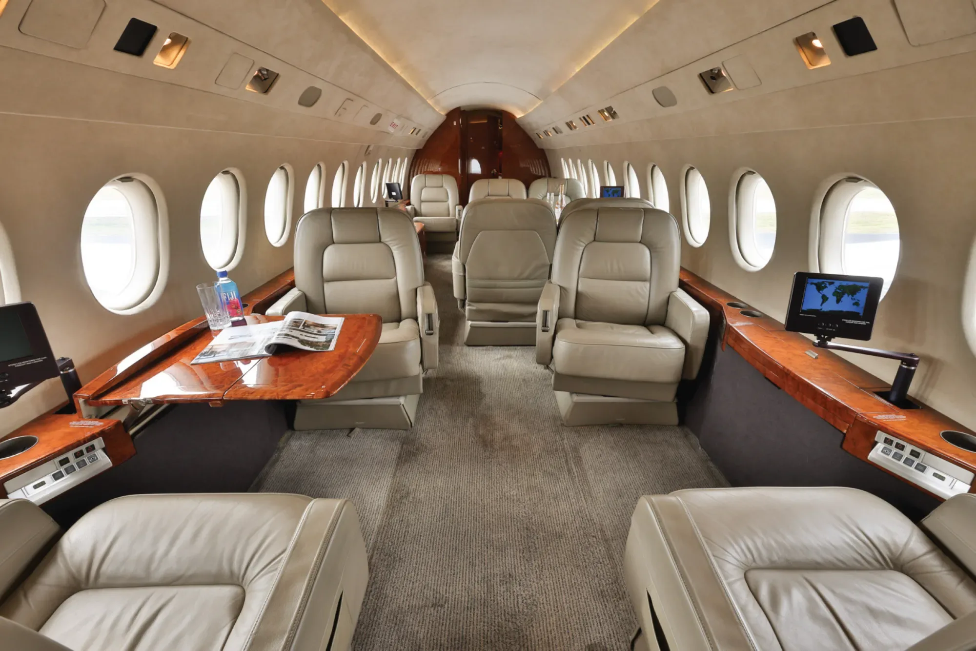 Cabin interior of a 1991 Dassault Falcon 900B.