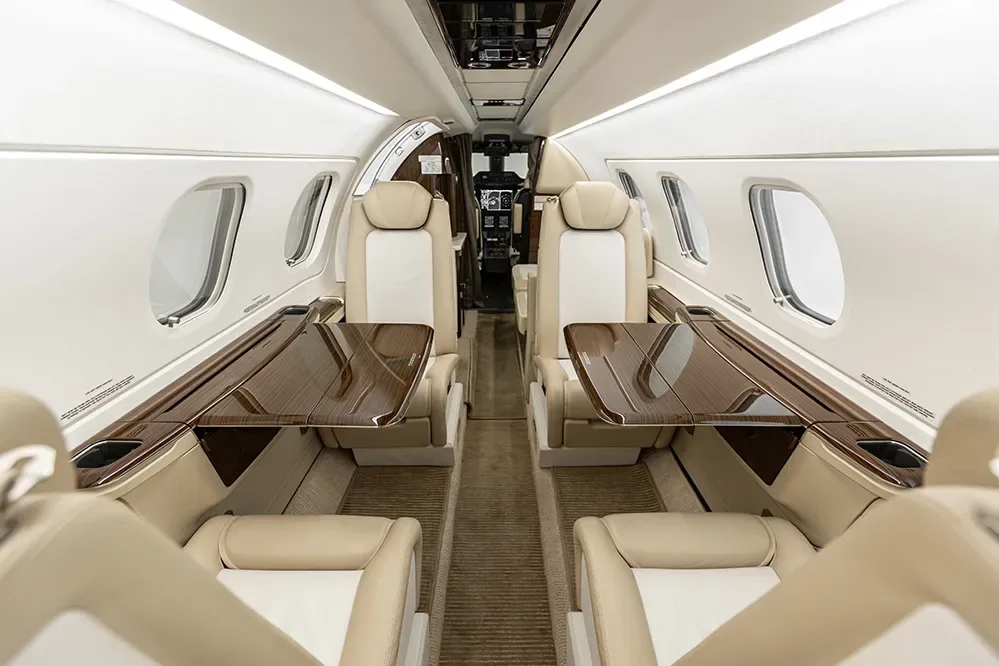 Cabin interior of a 2018 Embraer Phenom 300E.