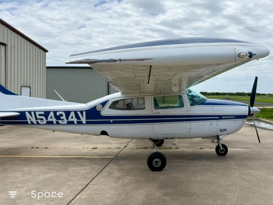 Exterior view of a 1975 Cessna 210L Turbo Centurion.