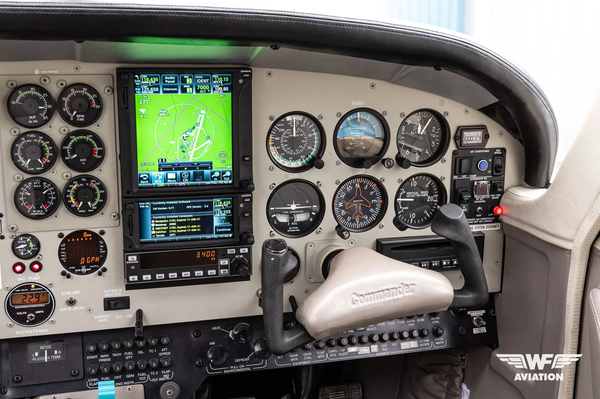 Cockpit and instrument panel of a 2001 Rockwell Commander 115.