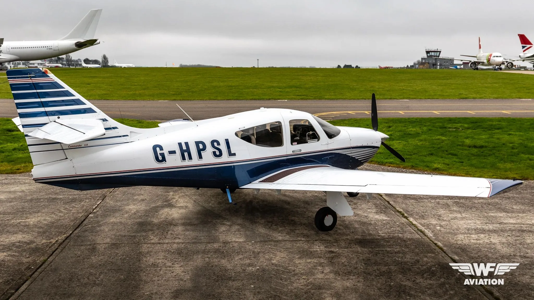 Exterior view of a 2001 Rockwell Commander 115, G-HPSL.