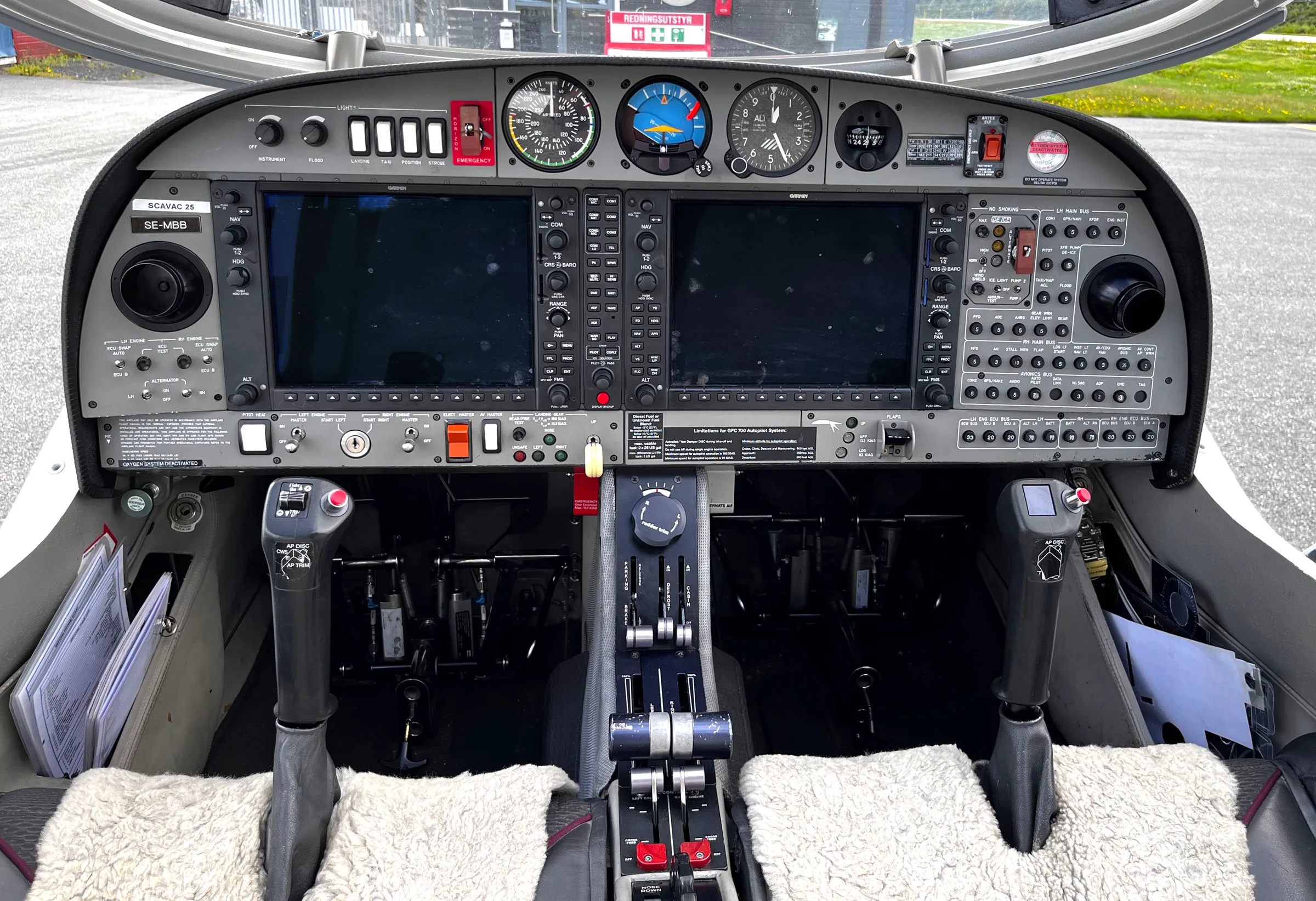 Cockpit and instrument panel of a 2008 Diamond DA42 Twin Star.