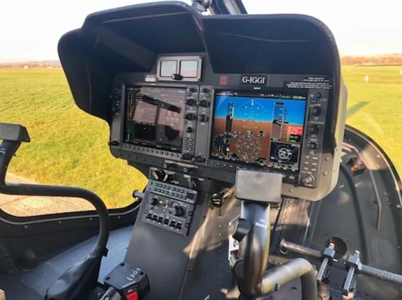 Cockpit and instrument panel of a 2018 Bell 505 Jetranger X.