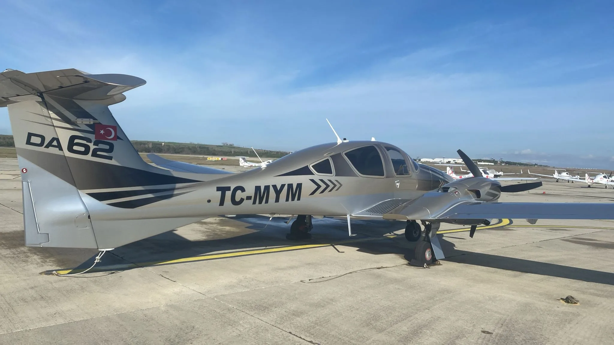Exterior view of a 2019 Diamond DA62, TC-MYM.