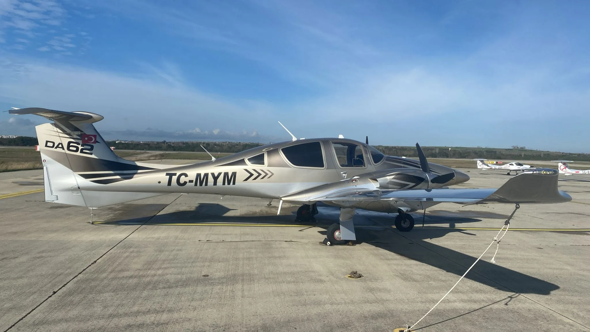 Exterior view of a 2019 Diamond DA62, TC-MYM.