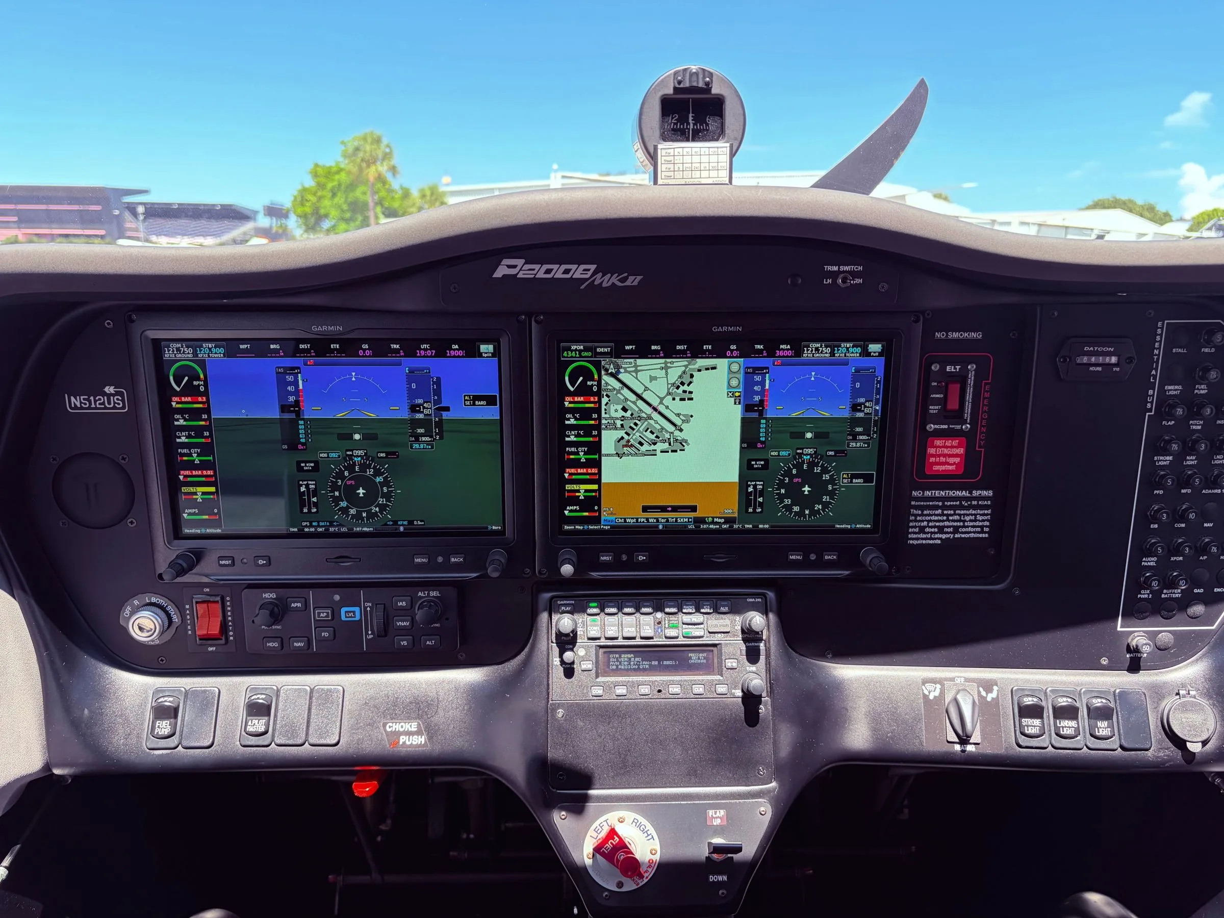 Cockpit and instrument panel of a 2022 Tecnam P2008.