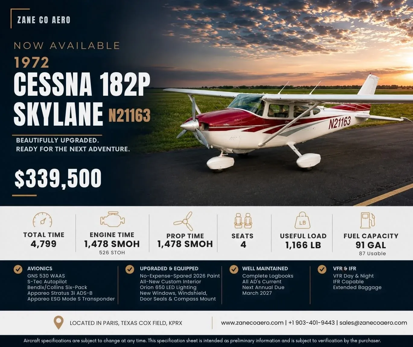 1972 CESSNA 182P SKYLANE N21163 — Zane Co Aero