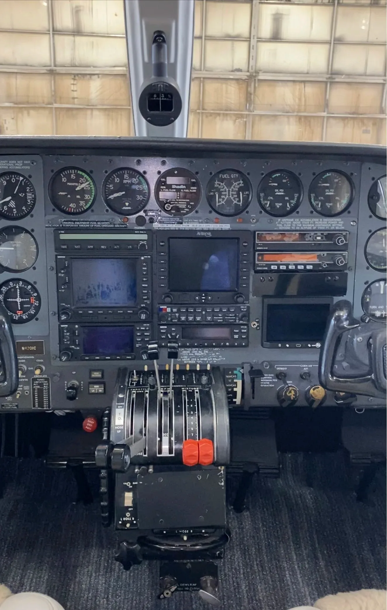Cockpit and instrument panel of a 1974 Zane Co Aero 414 chancellor.