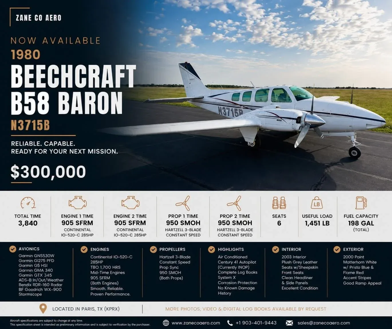 Specification or layout diagram for a 1980 Zane Co Aero B58 Baron N3715B — Zane Co Aero.
