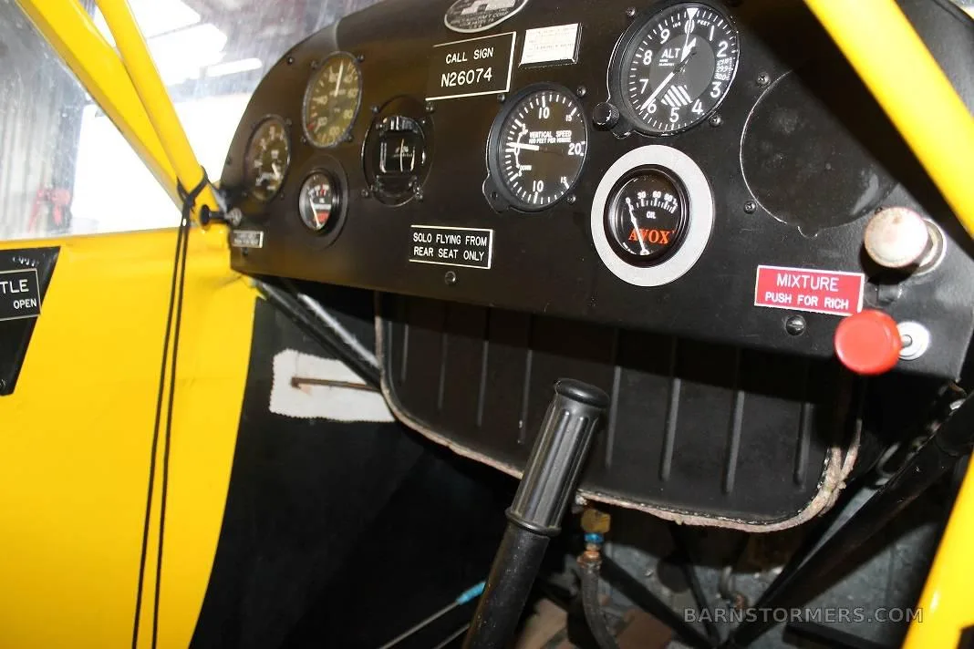 Cockpit and instrument panel of a 1939 Piper J3C-65.