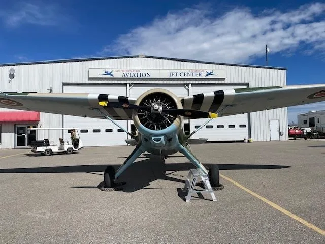 Exterior view of a 1943 STINSON V77 GULLWING, C-GLWI.