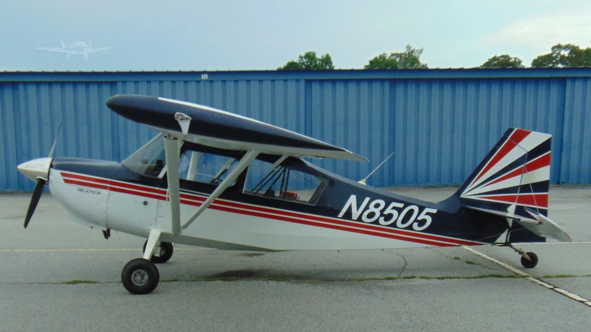 Exterior view of a 1973 AMERICAN CHAMPION 8-KCAB DECATHLON, N8505.