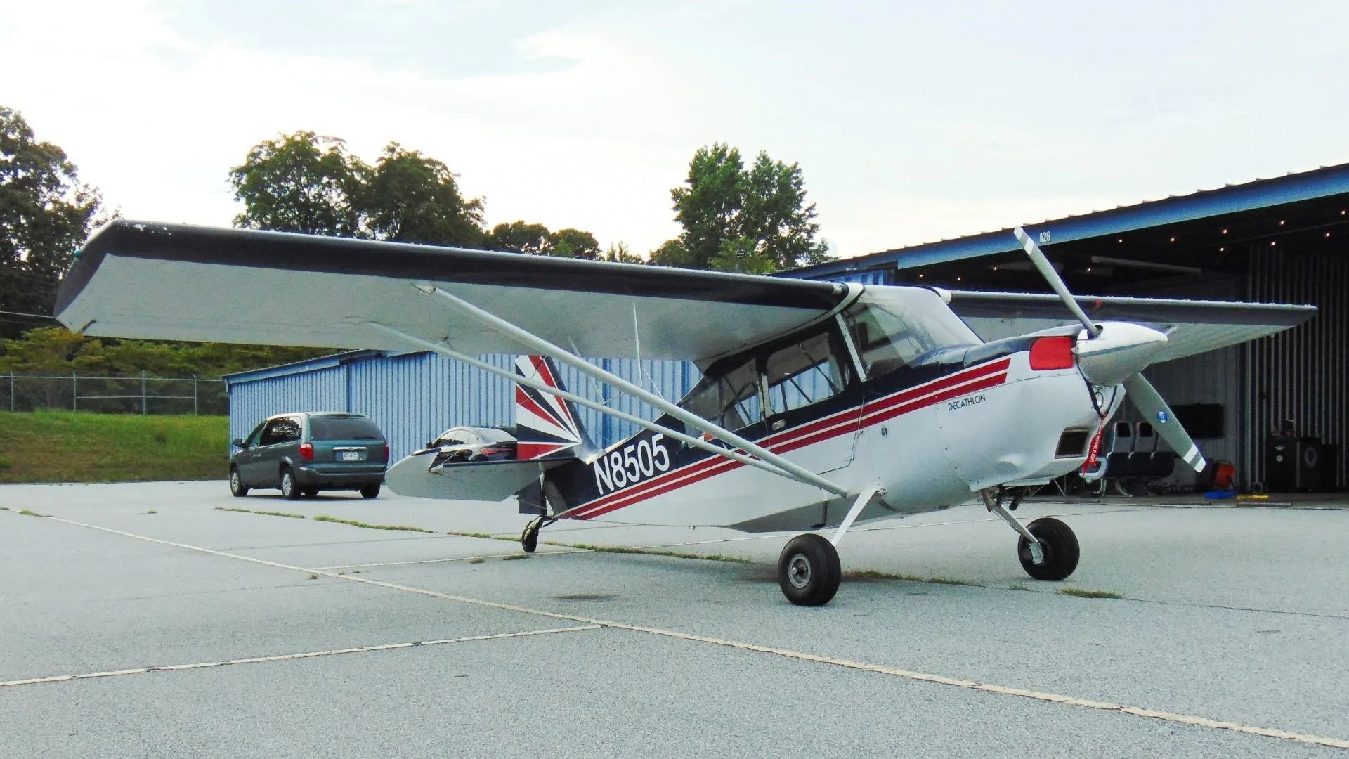 Exterior view of a 1973 AMERICAN CHAMPION 8-KCAB DECATHLON, N8505.