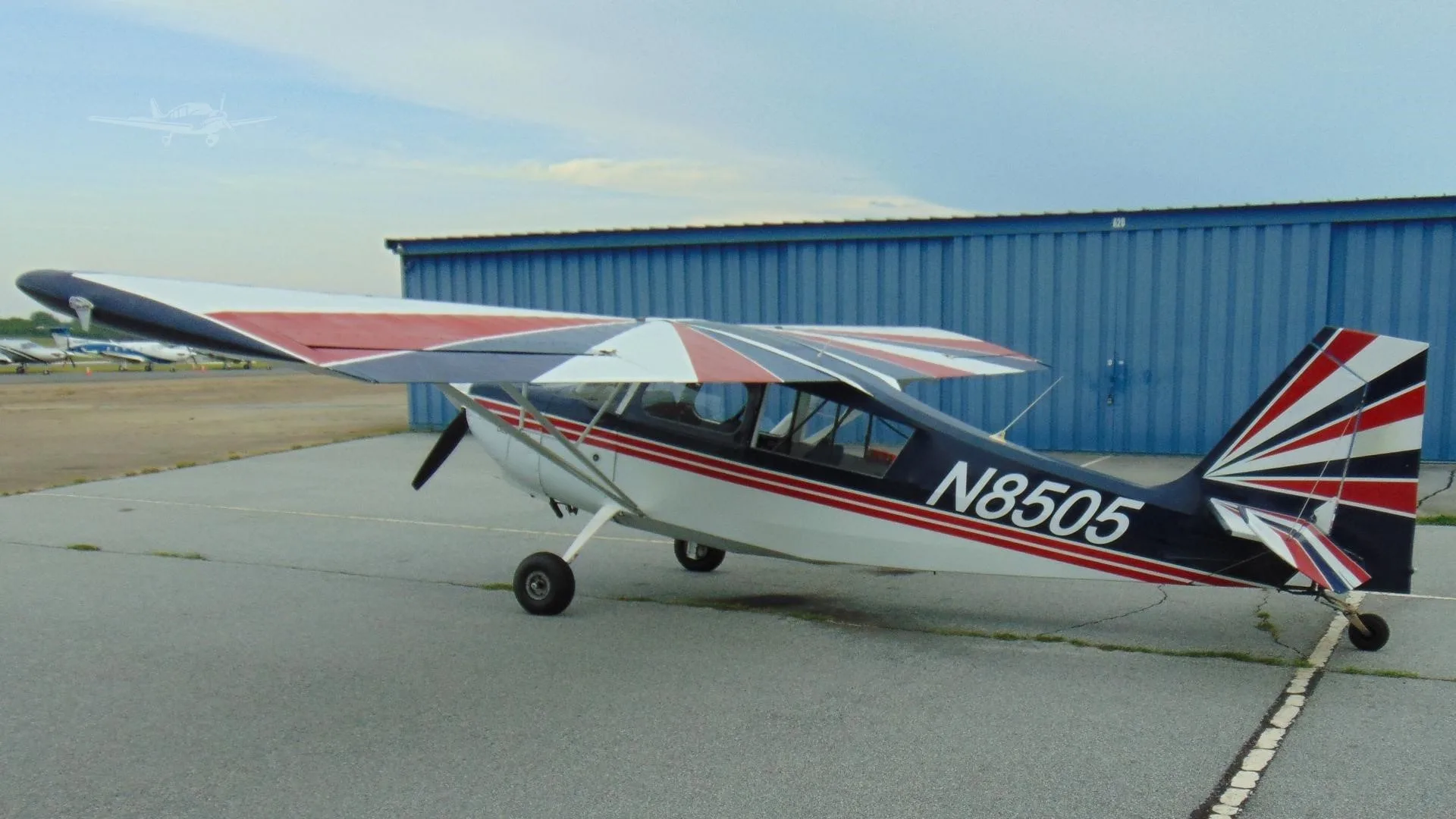 Exterior view of a 1973 AMERICAN CHAMPION 8-KCAB DECATHLON, N8505.