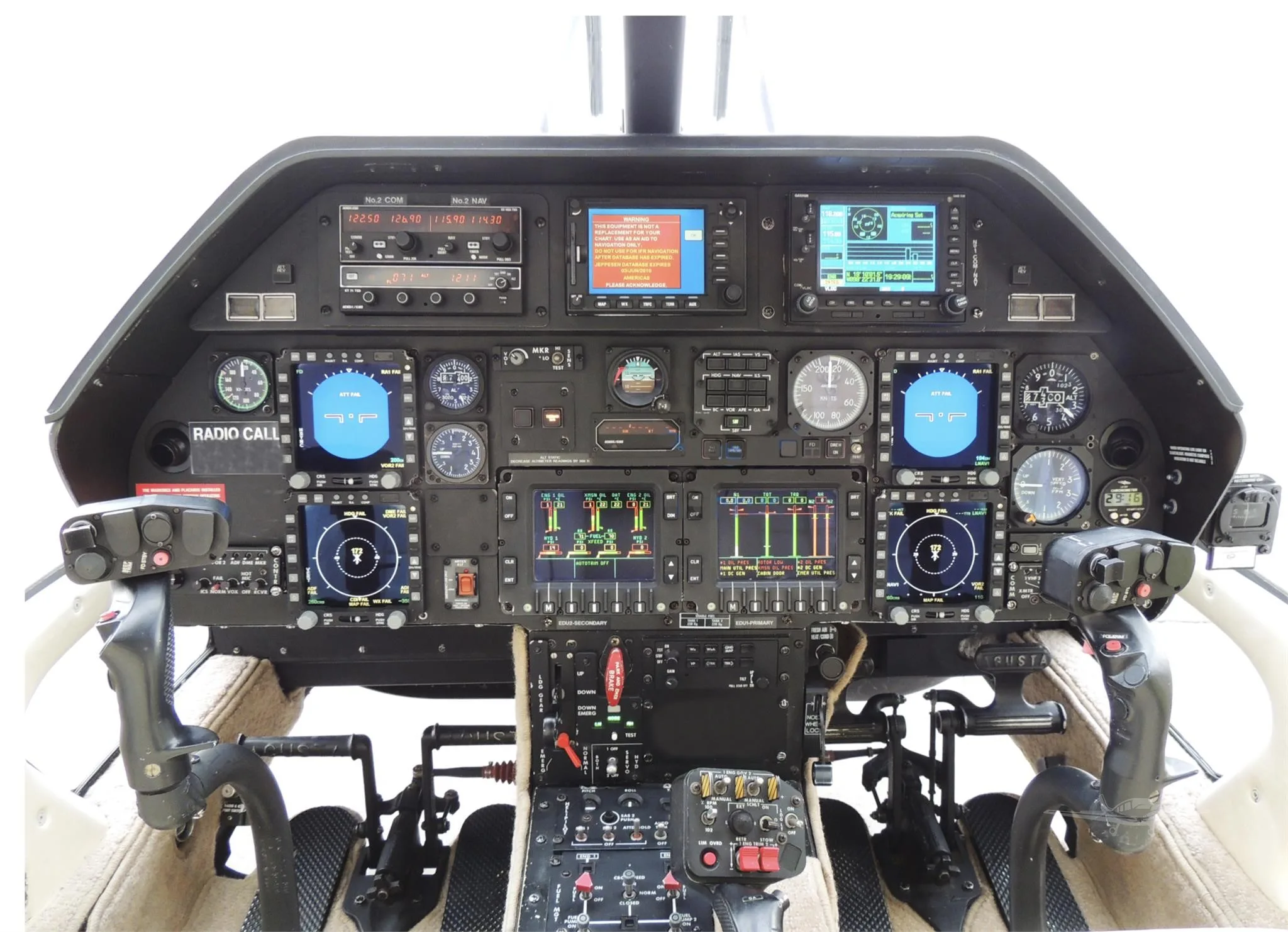 Cockpit and instrument panel of a 2004 AGUSTA A109E POWER.