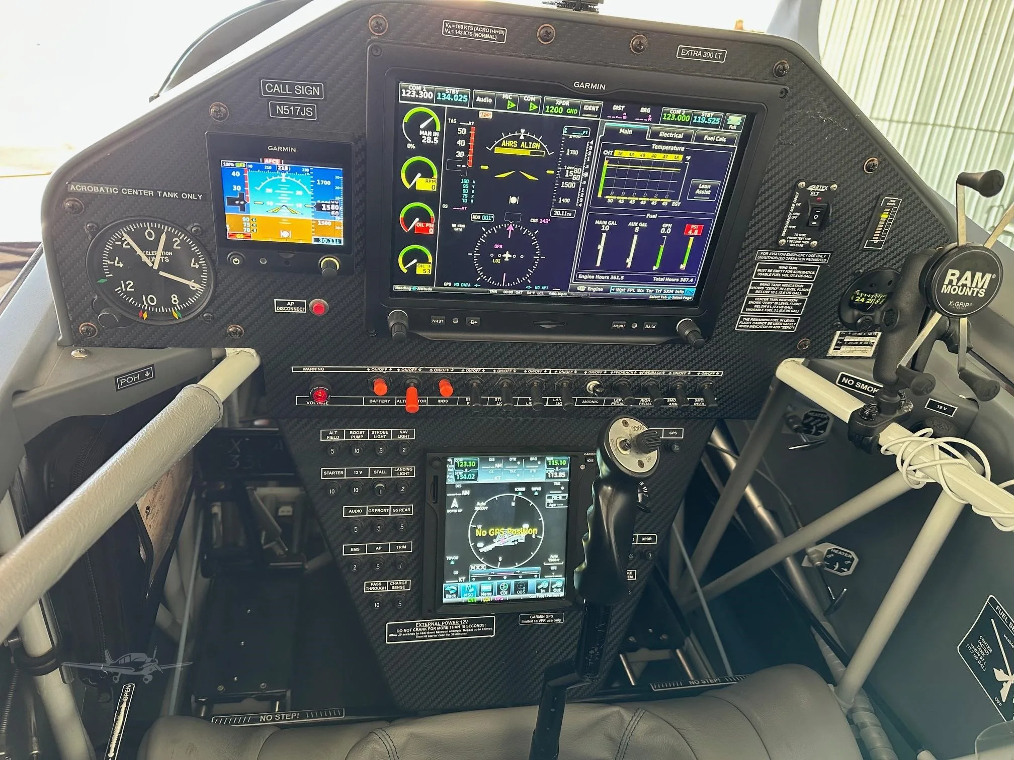 Cockpit and instrument panel of a 2017 EXTRA AIRCRAFT EA 330LT.