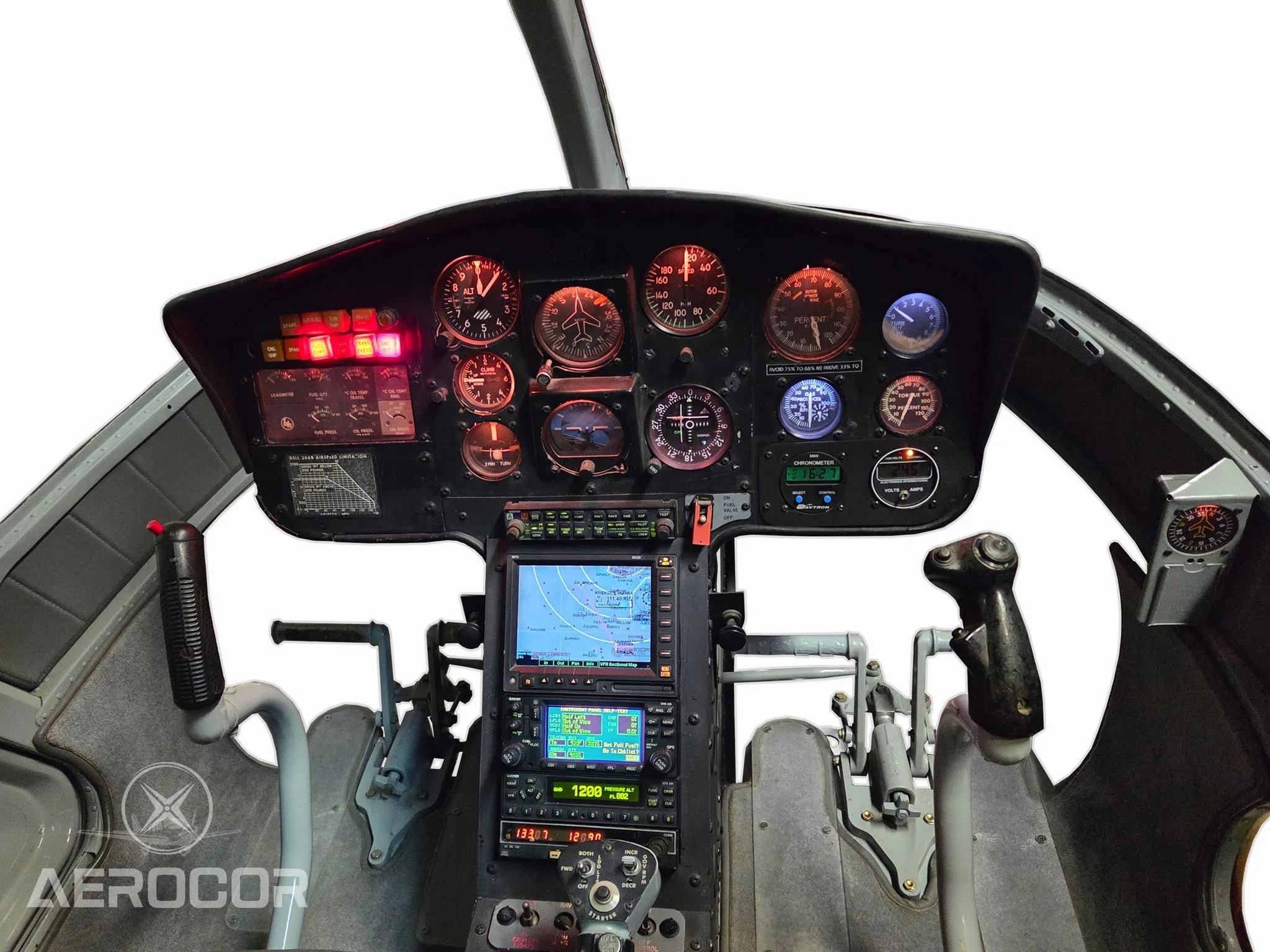 Cockpit and instrument panel of a 1968 BELL 206B.