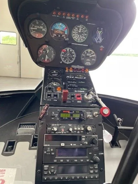 Cockpit and instrument panel of a 2010 ROBINSON R44 RAVEN II.