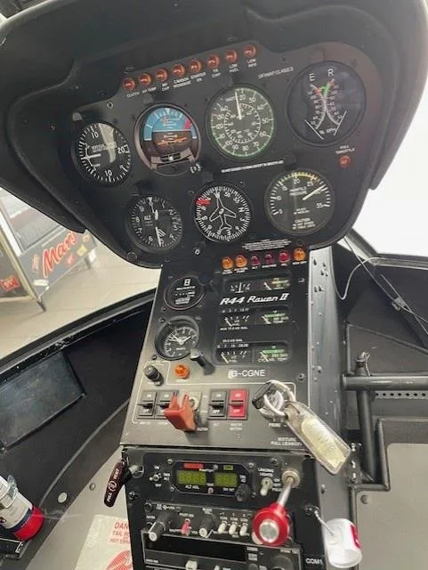 Cockpit and instrument panel of a 2010 ROBINSON R44 RAVEN II.