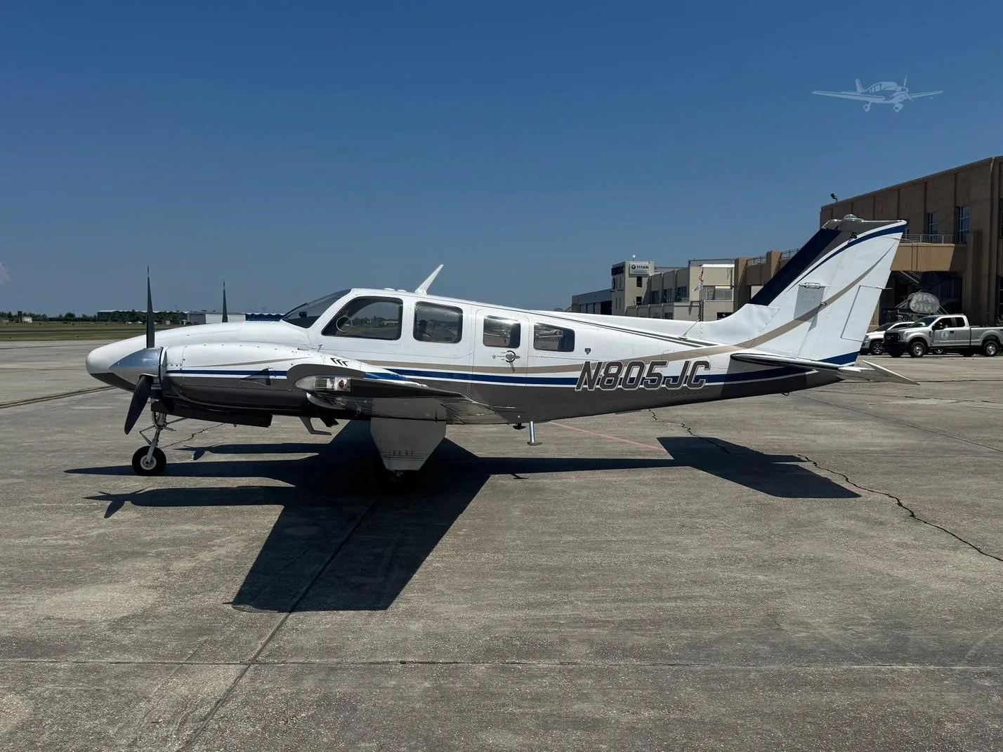 Exterior view of a 1980 BEECHCRAFT 58P BARON, N805JC.