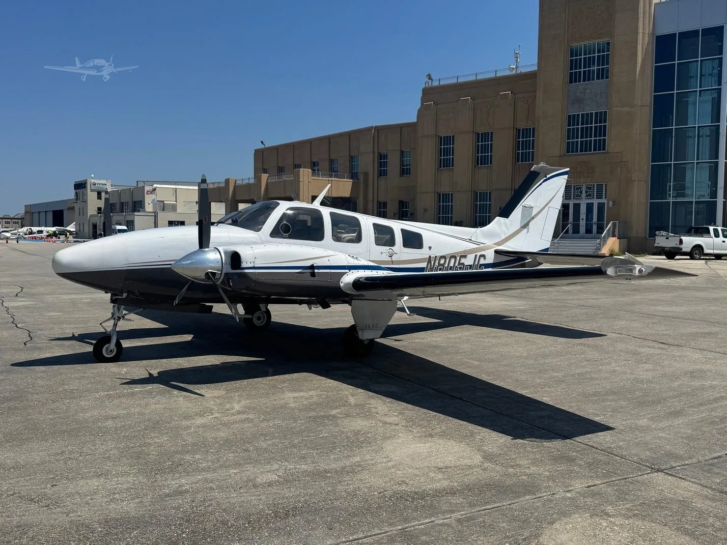 Exterior view of a 1980 BEECHCRAFT 58P BARON, N805JC.