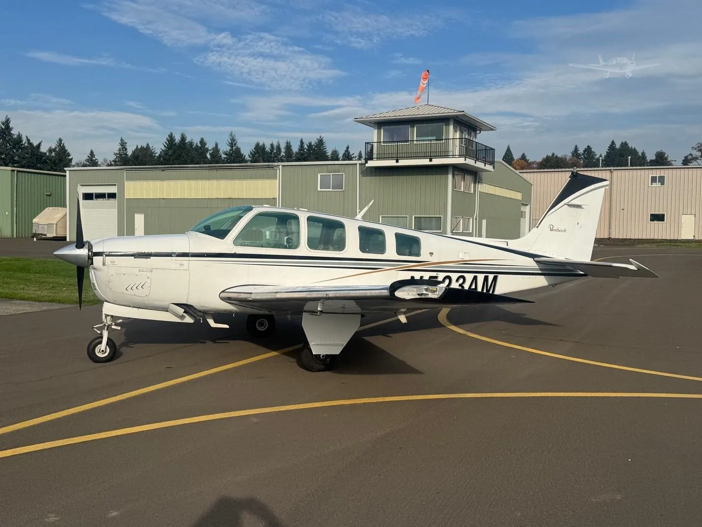 Exterior view of a 1980 BEECHCRAFT A36 BONANZA, N523AM.