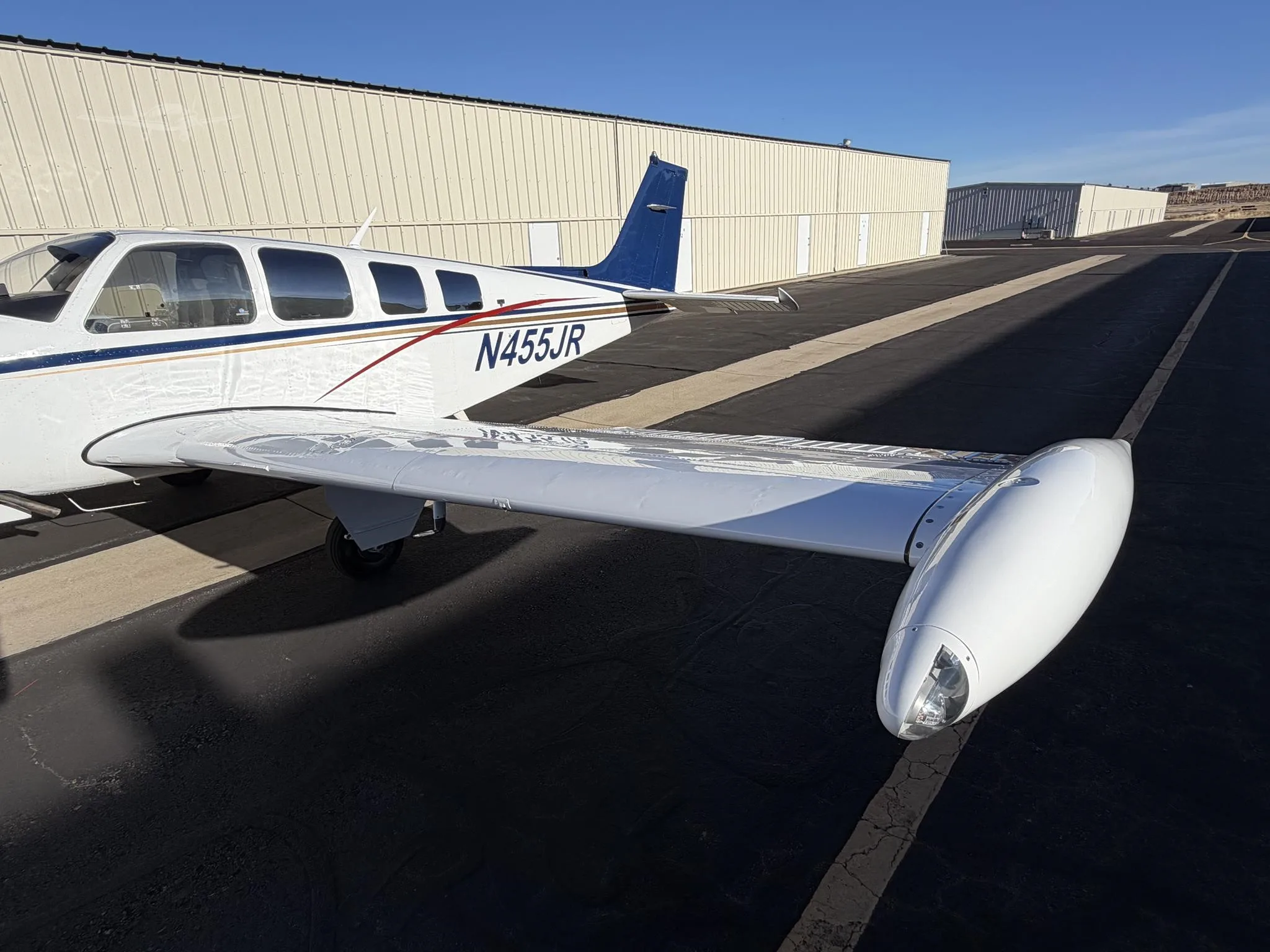 Exterior view of a 1980 BEECHCRAFT A36TC BONANZA, N455JR.