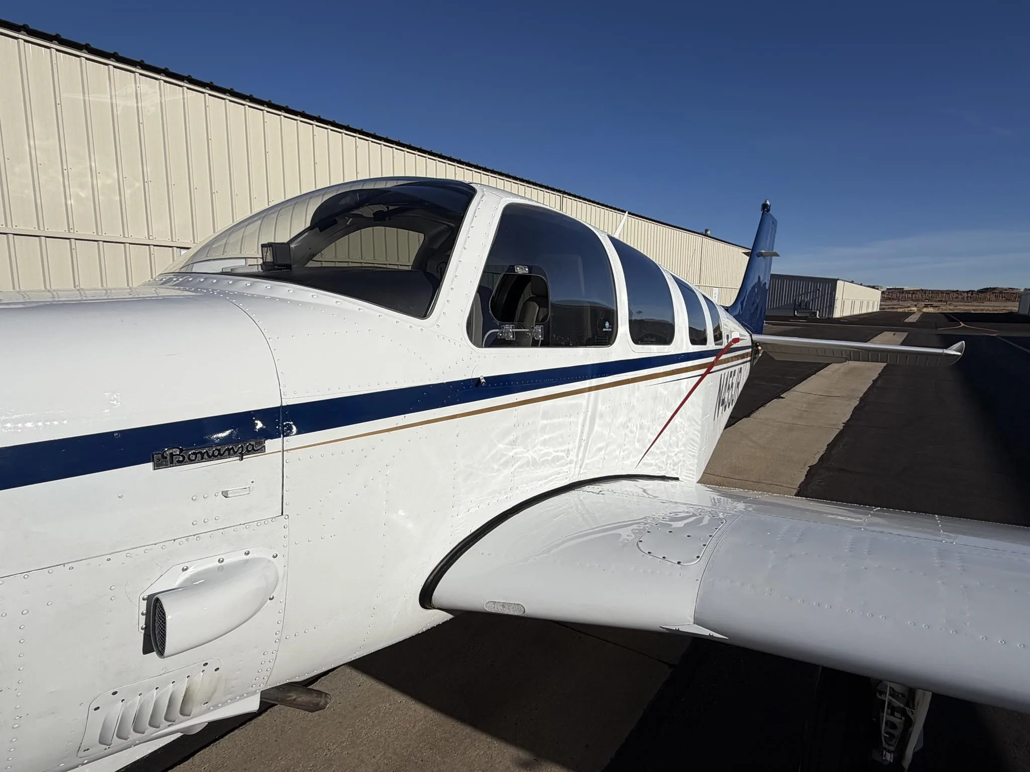 Exterior view of a 1980 BEECHCRAFT A36TC BONANZA, N455JR.