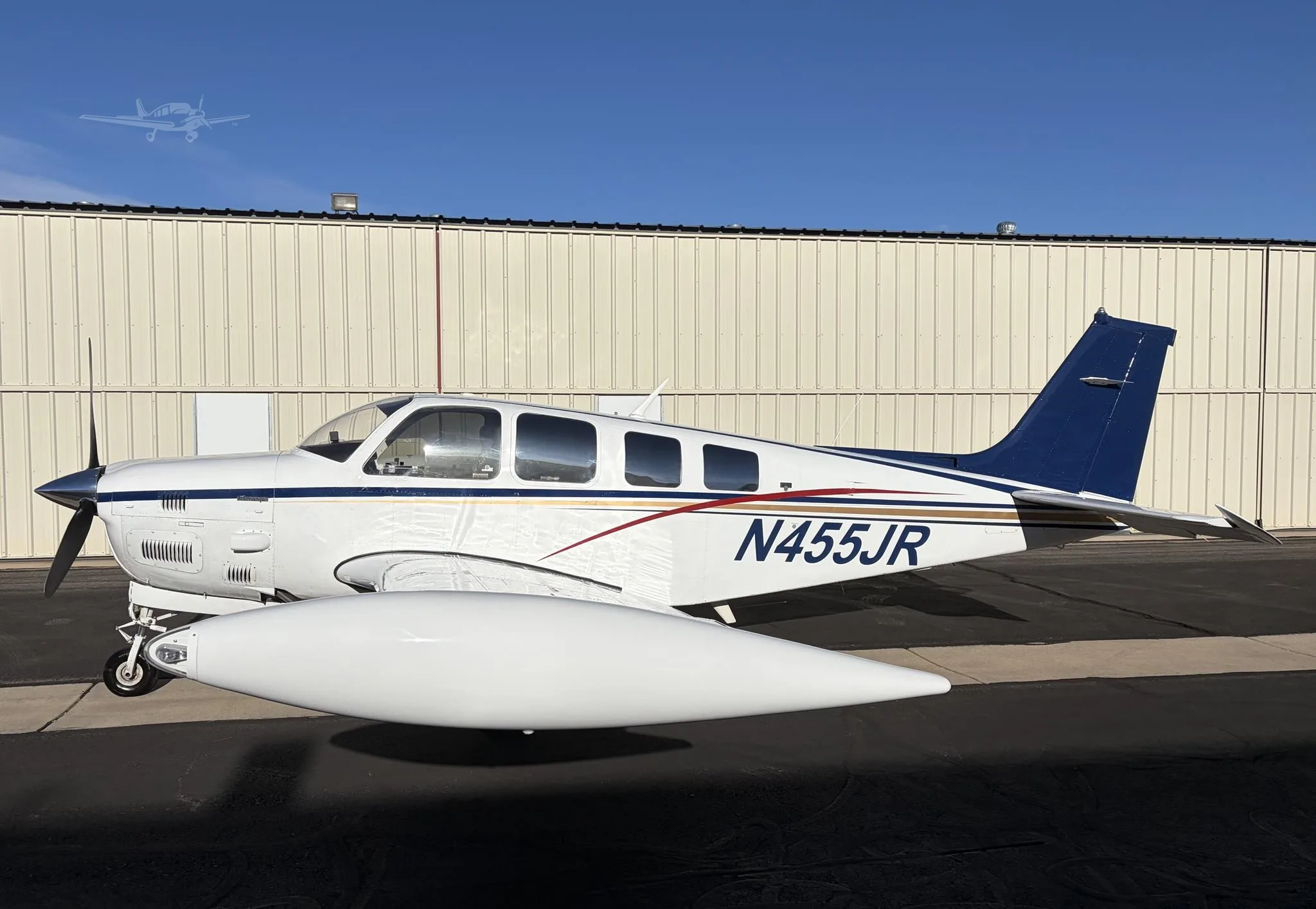Exterior view of a 1980 BEECHCRAFT A36TC BONANZA, N455JR.