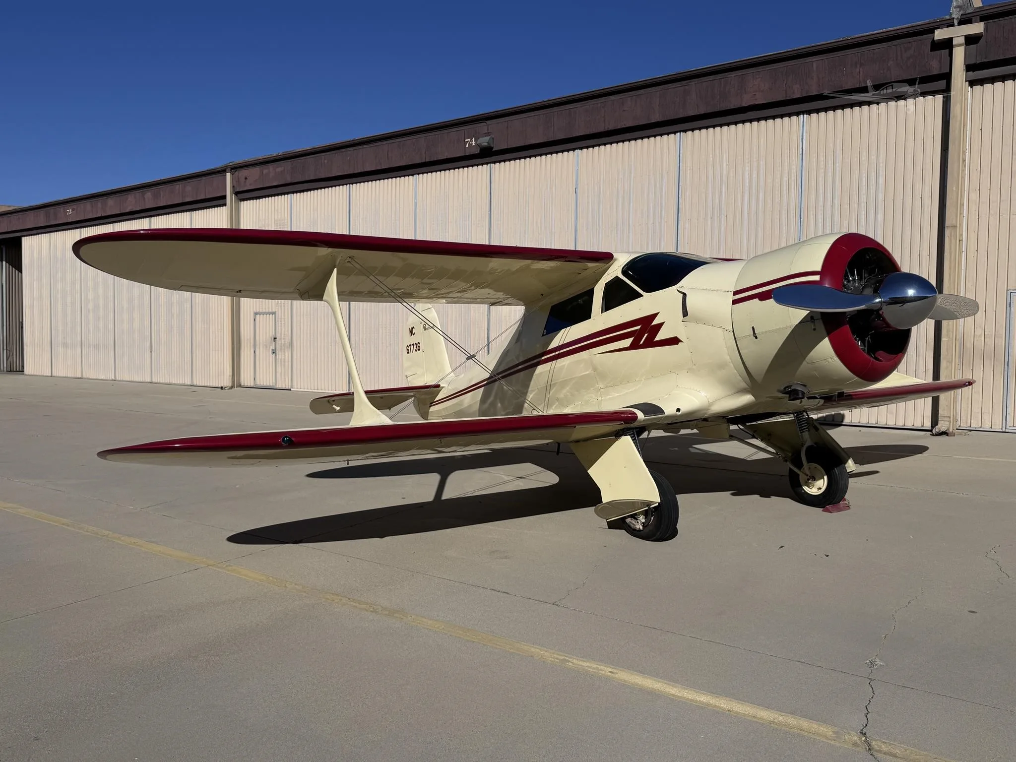 Exterior view of a 1943 BEECHCRAFT D17S, N67736.