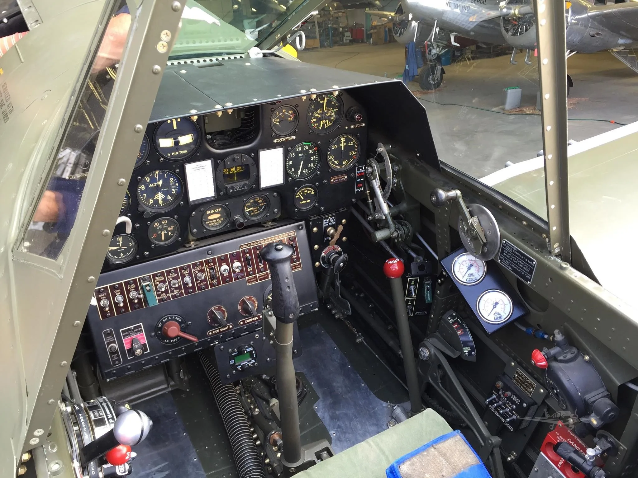 Cockpit and instrument panel of a 1943 CURTISS P-40N KITTYHAWK.