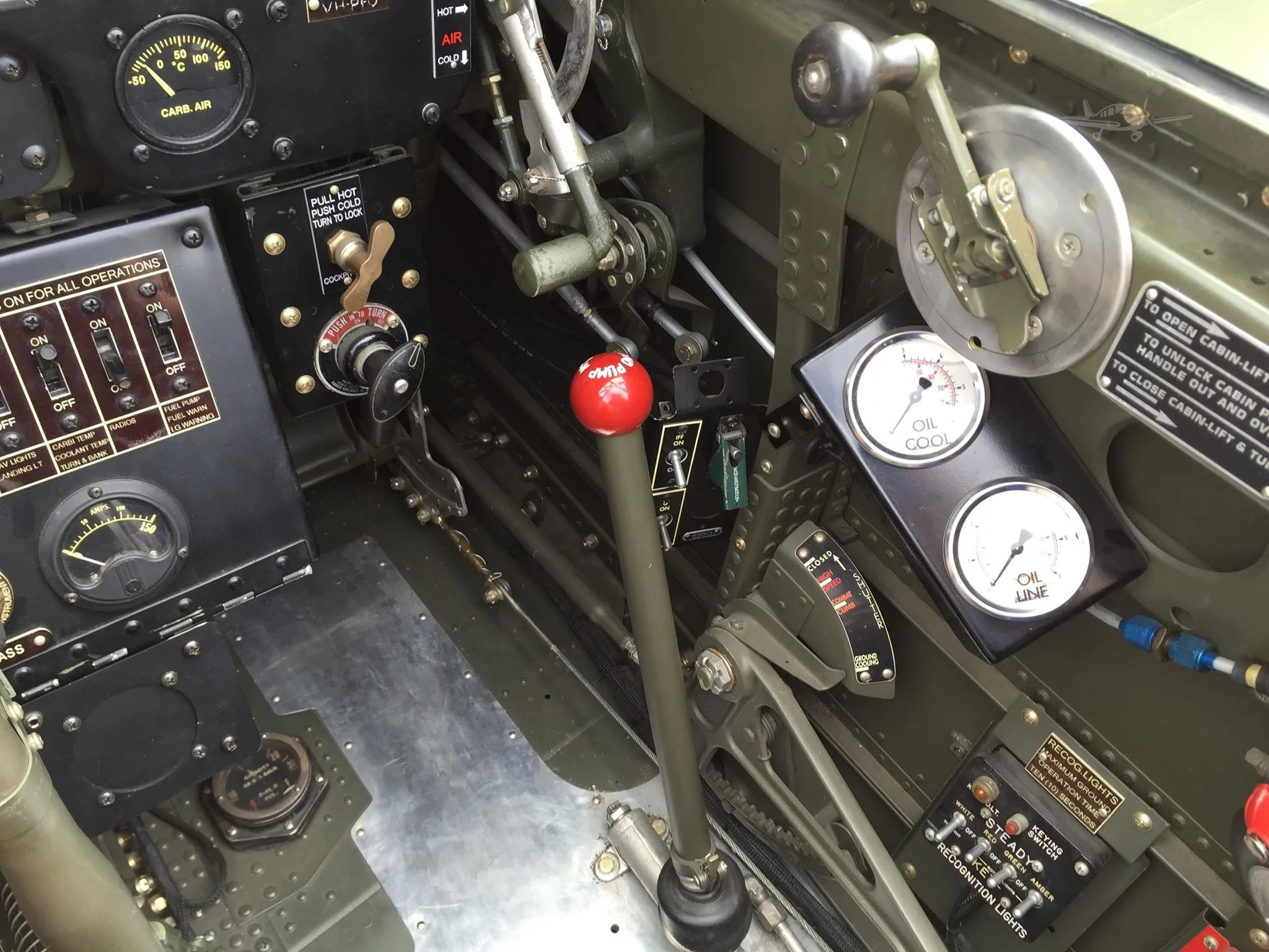 Cockpit and instrument panel of a 1943 CURTISS P-40N KITTYHAWK.