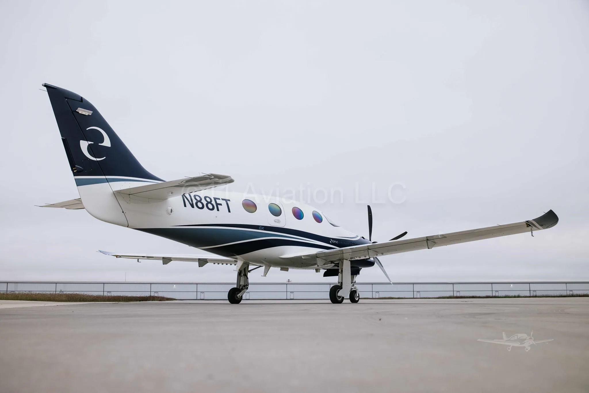 Exterior view of a 2023 EPIC E1000 GX, N88FT.