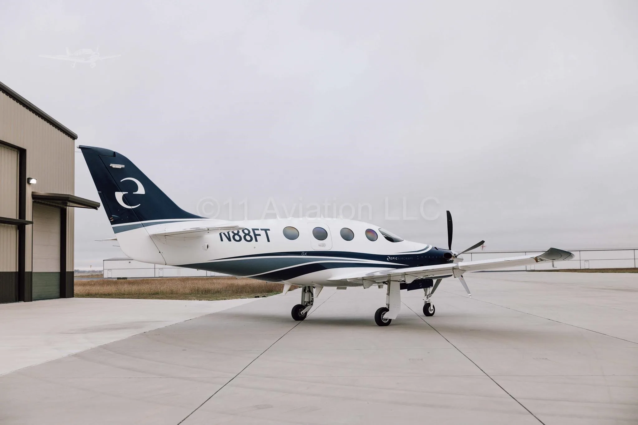 Exterior view of a 2023 EPIC E1000 GX, N88FT.