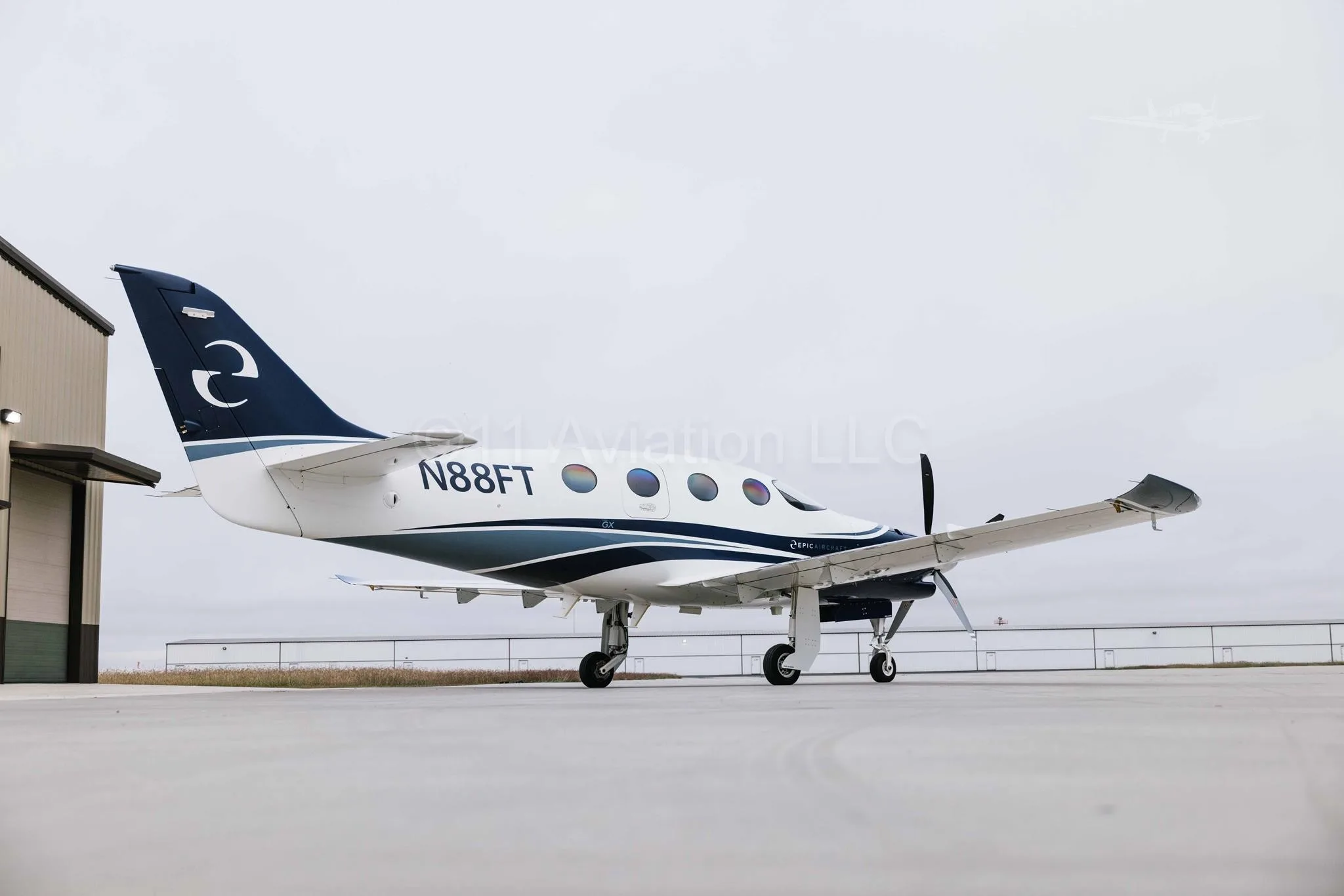 Exterior view of a 2023 EPIC E1000 GX, N88FT.