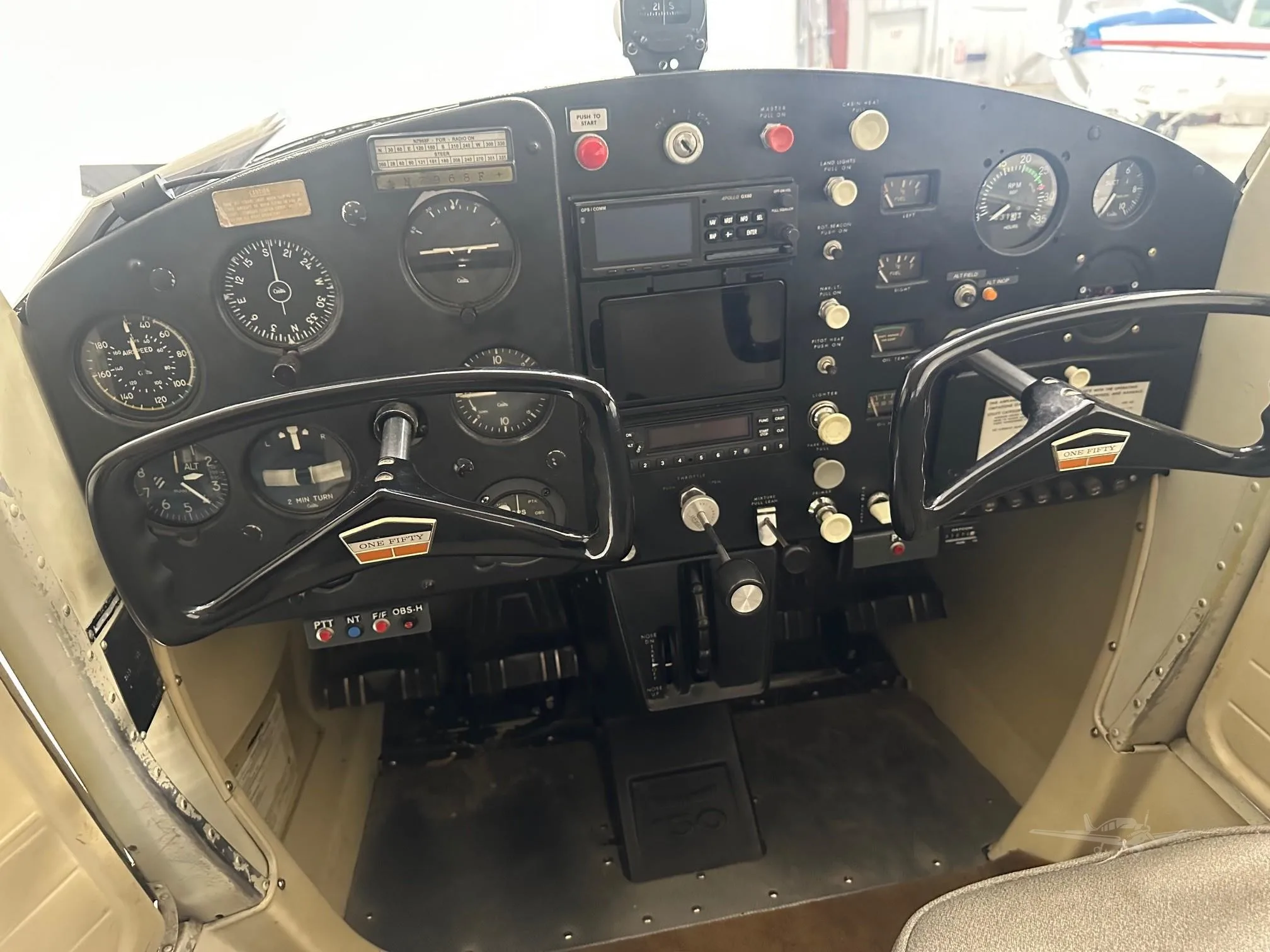 Cockpit and instrument panel of a 1966 CESSNA 150.