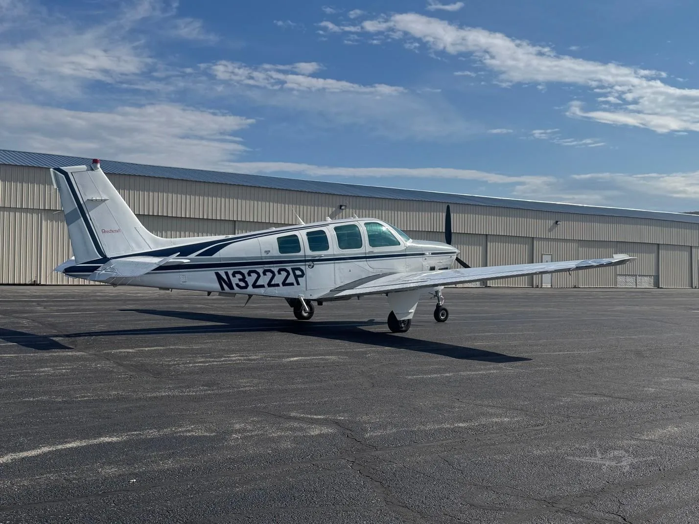 Exterior view of a 1995 BEECHCRAFT B36TC BONANZA, N3222P.