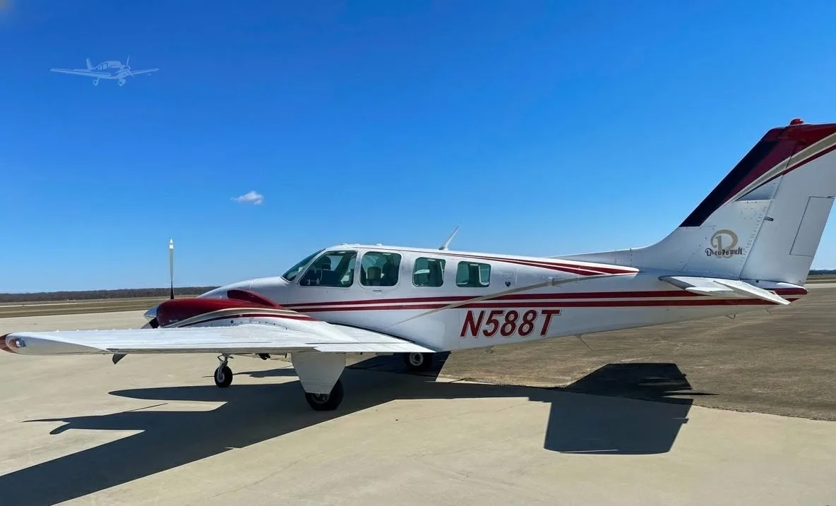 Exterior view of a 1977 BEECHCRAFT 58 BARON, N588T.