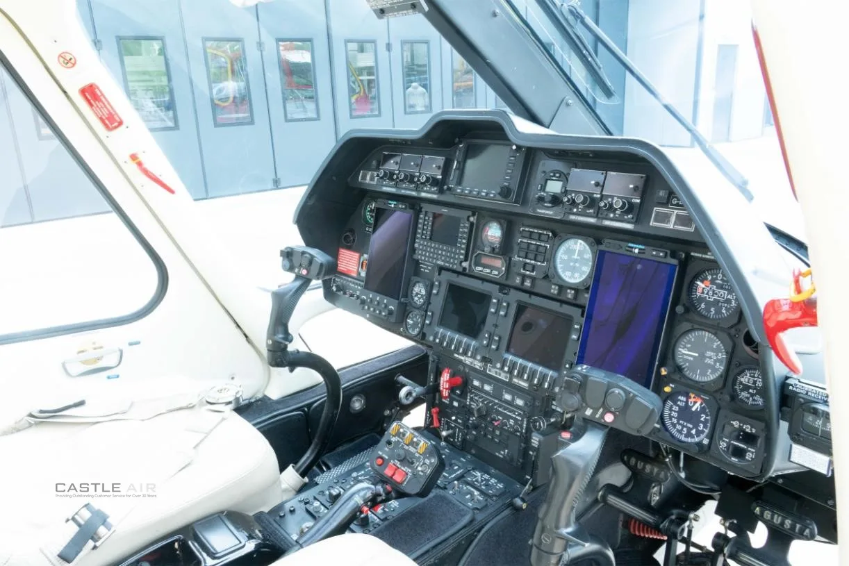 Cockpit and instrument panel of a 2002 AGUSTA A109E POWER.