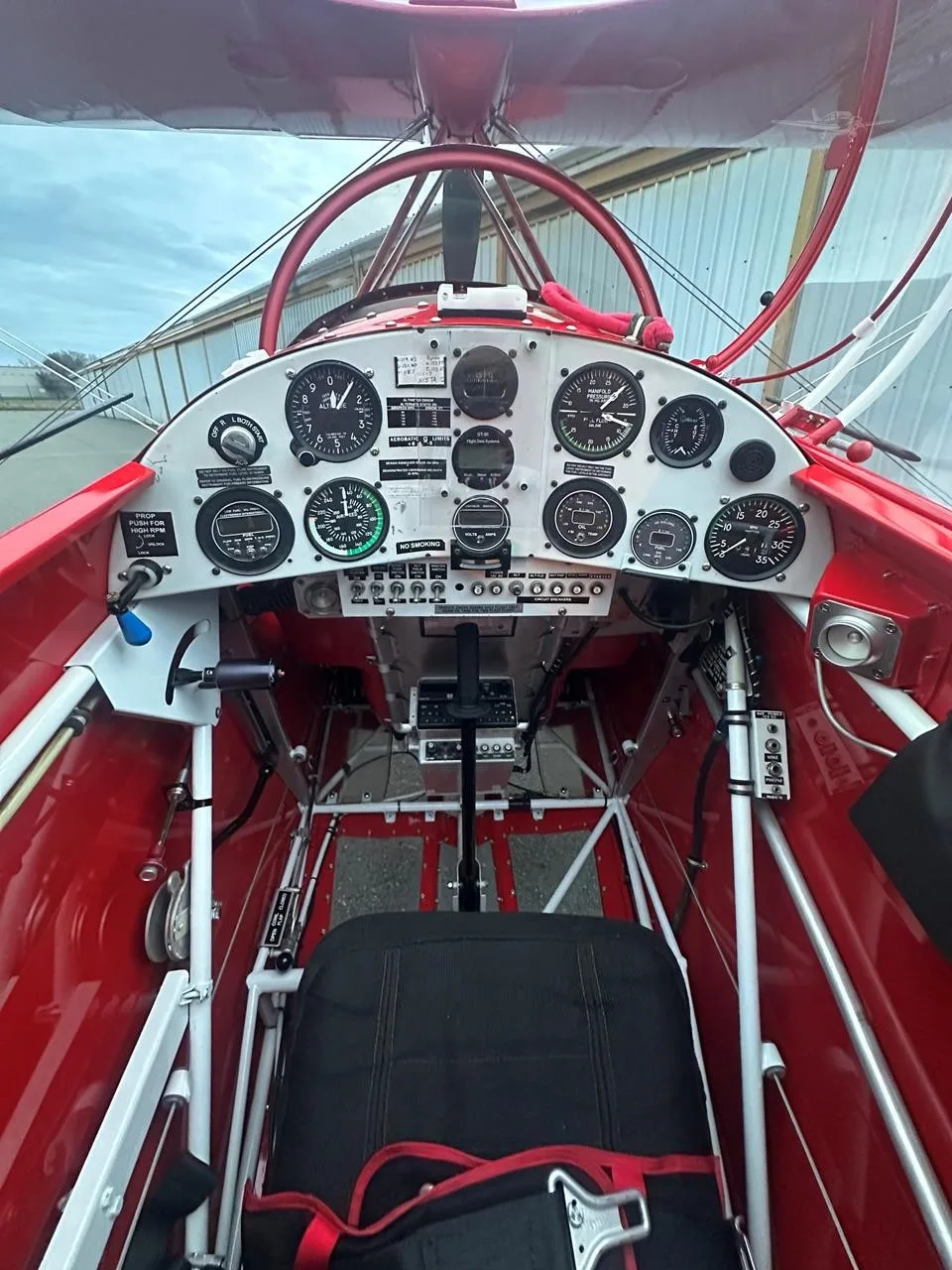 Cockpit and instrument panel of a 2001 PITTS S-2C.