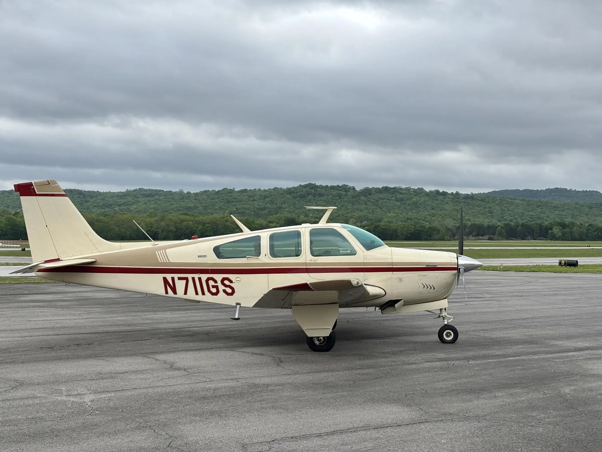 Exterior view of a 1971 BEECHCRAFT F33A BONANZA, N711GS.