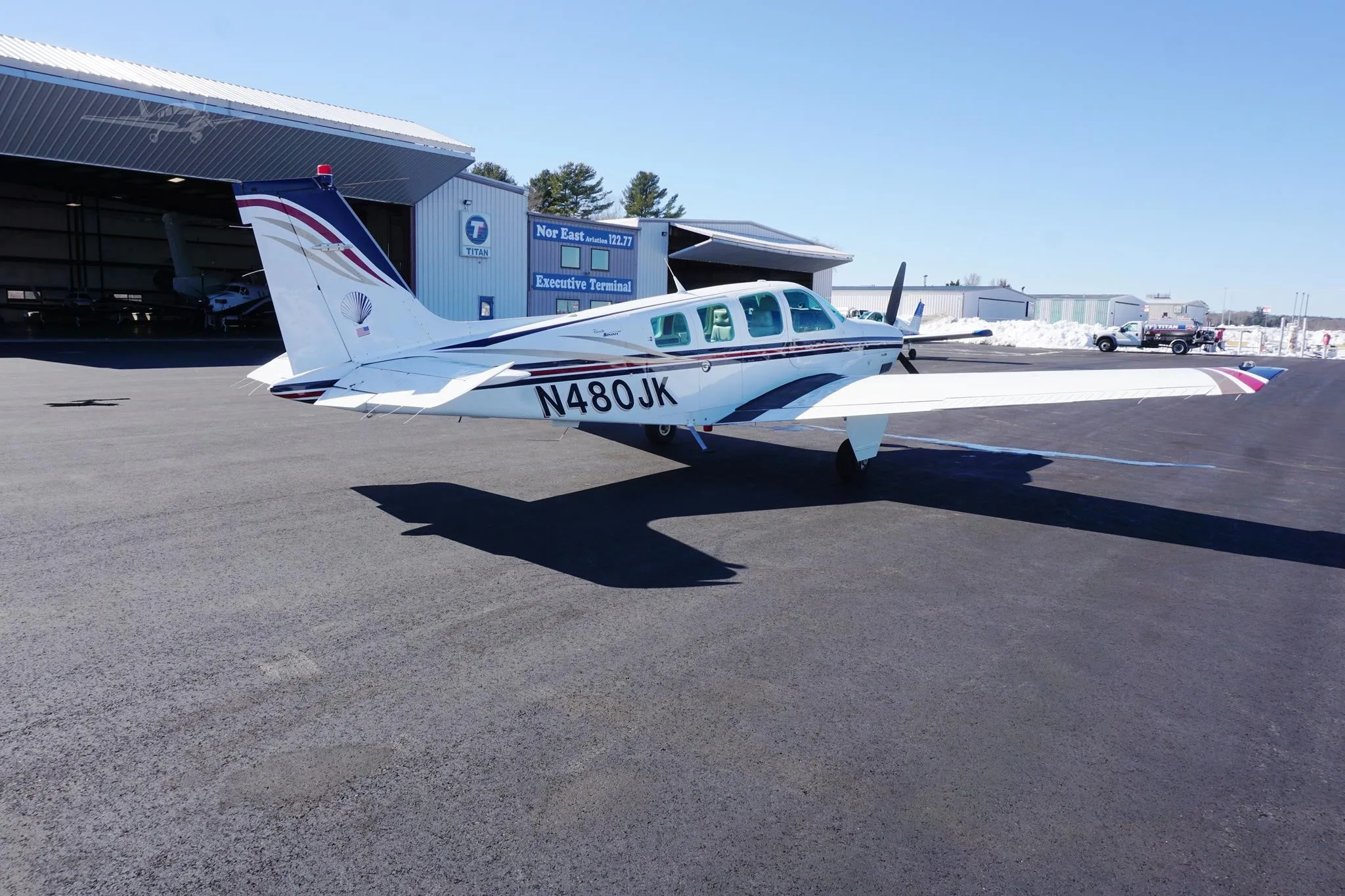 Exterior view of a 1997 BEECHCRAFT A36 BONANZA, N480JK.