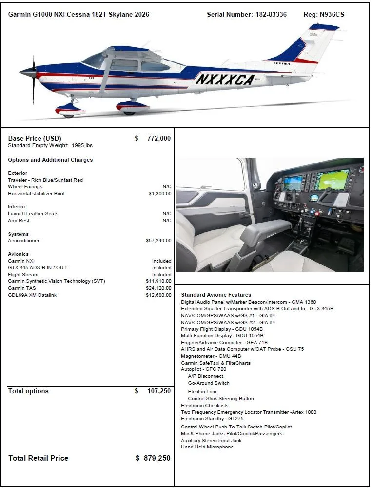 Specification or layout diagram for a 2026 CESSNA 182T SKYLANE.