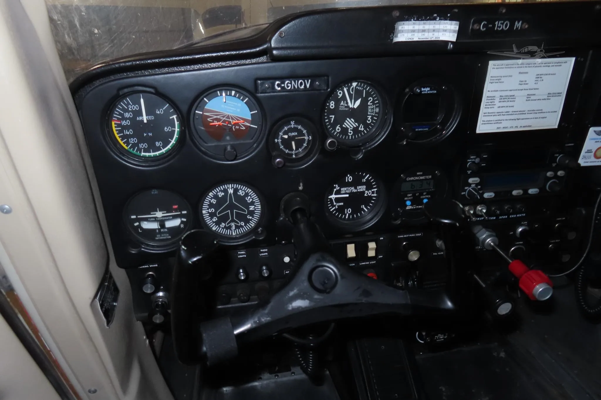 Cockpit and instrument panel of a 1975 CESSNA 150.