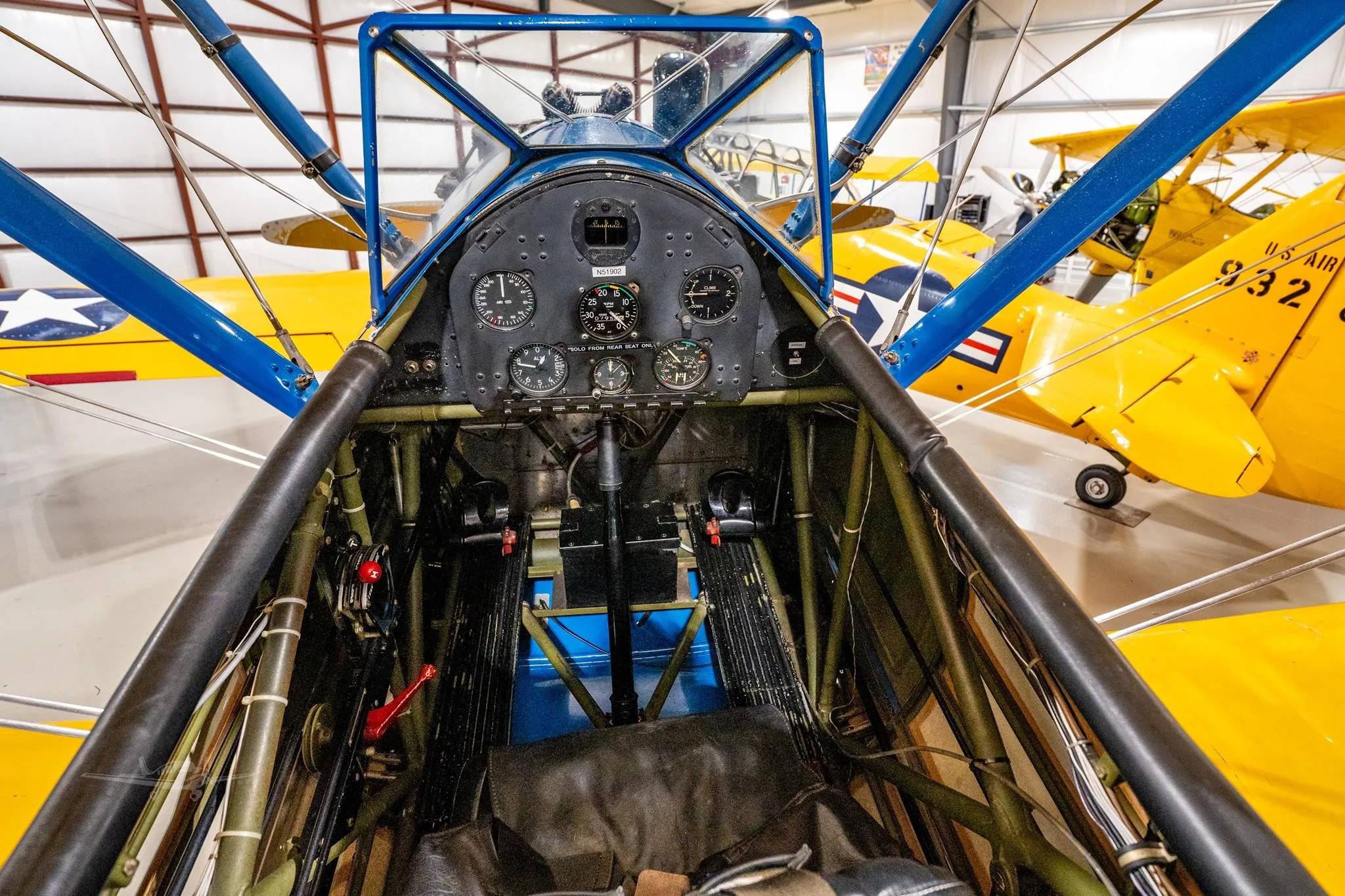 Cockpit and instrument panel of a 1940 BOEING/STEARMAN PT-18 KAYDET.