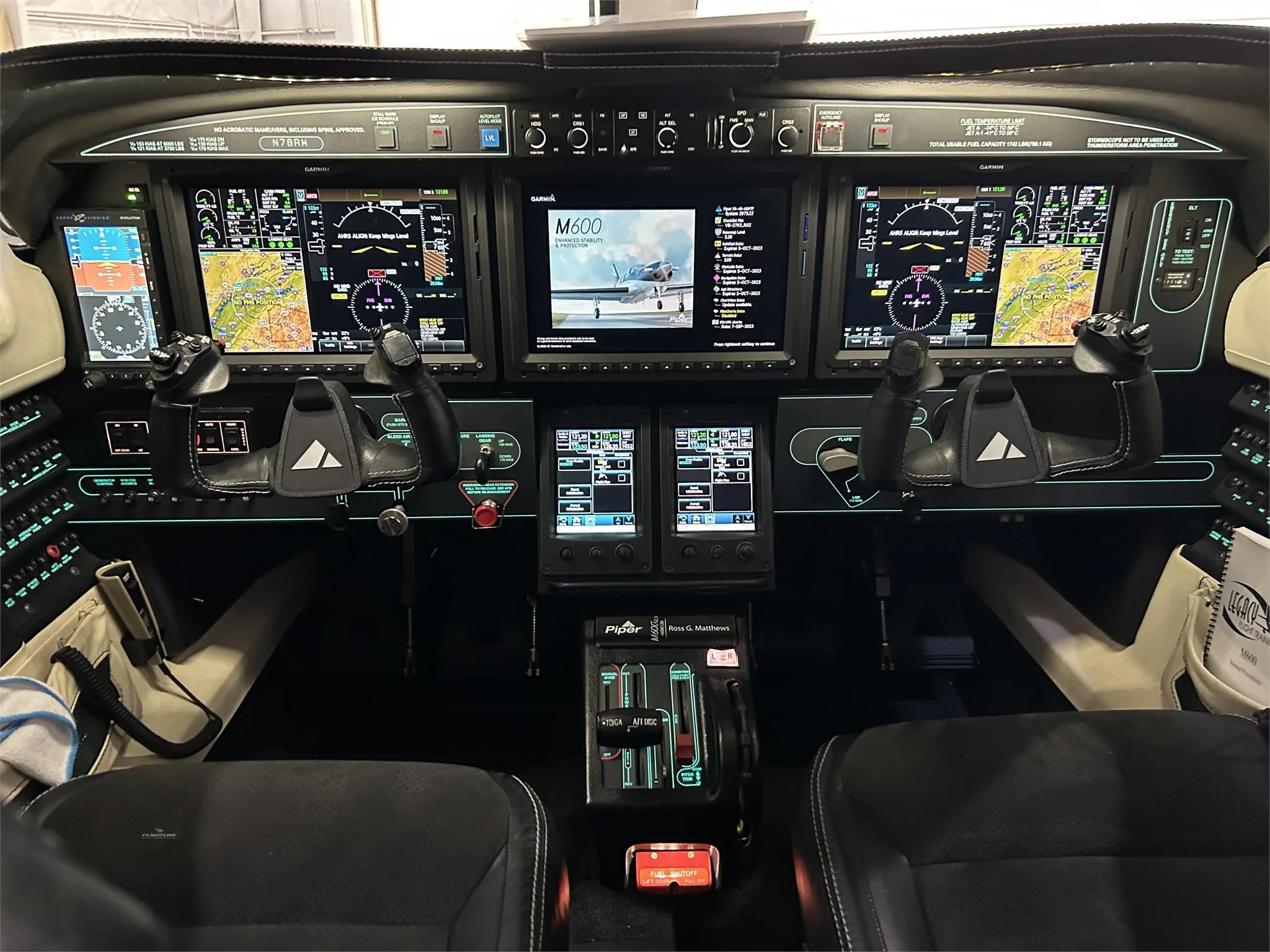Cockpit and instrument panel of a 2020 PIPER M600 SLS.