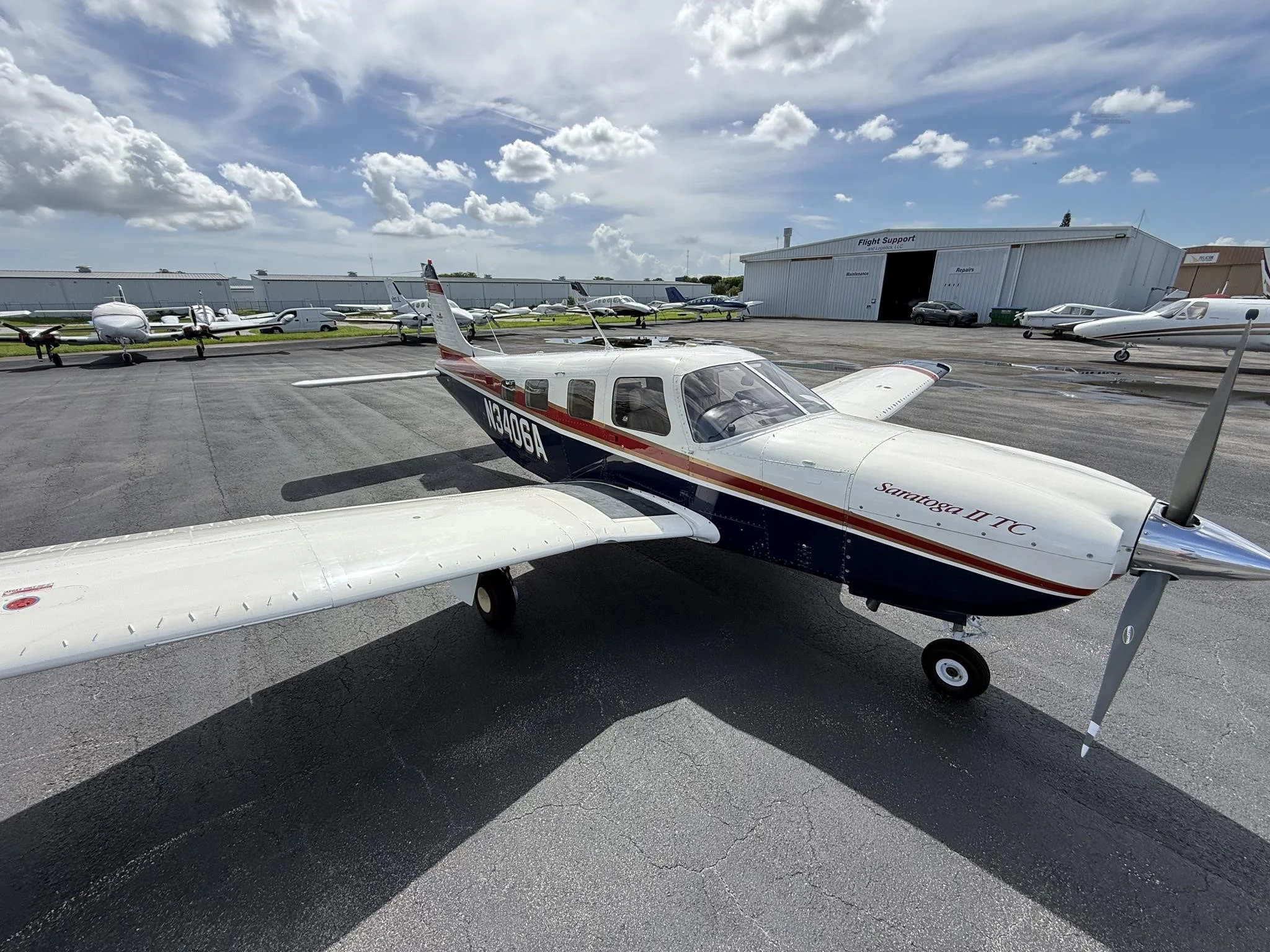 Exterior view of a 1998 PIPER SARATOGA II TC, N3406A.