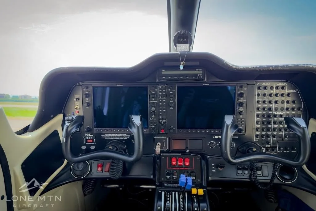 Cockpit and instrument panel of a 2017 TECNAM P2006T.