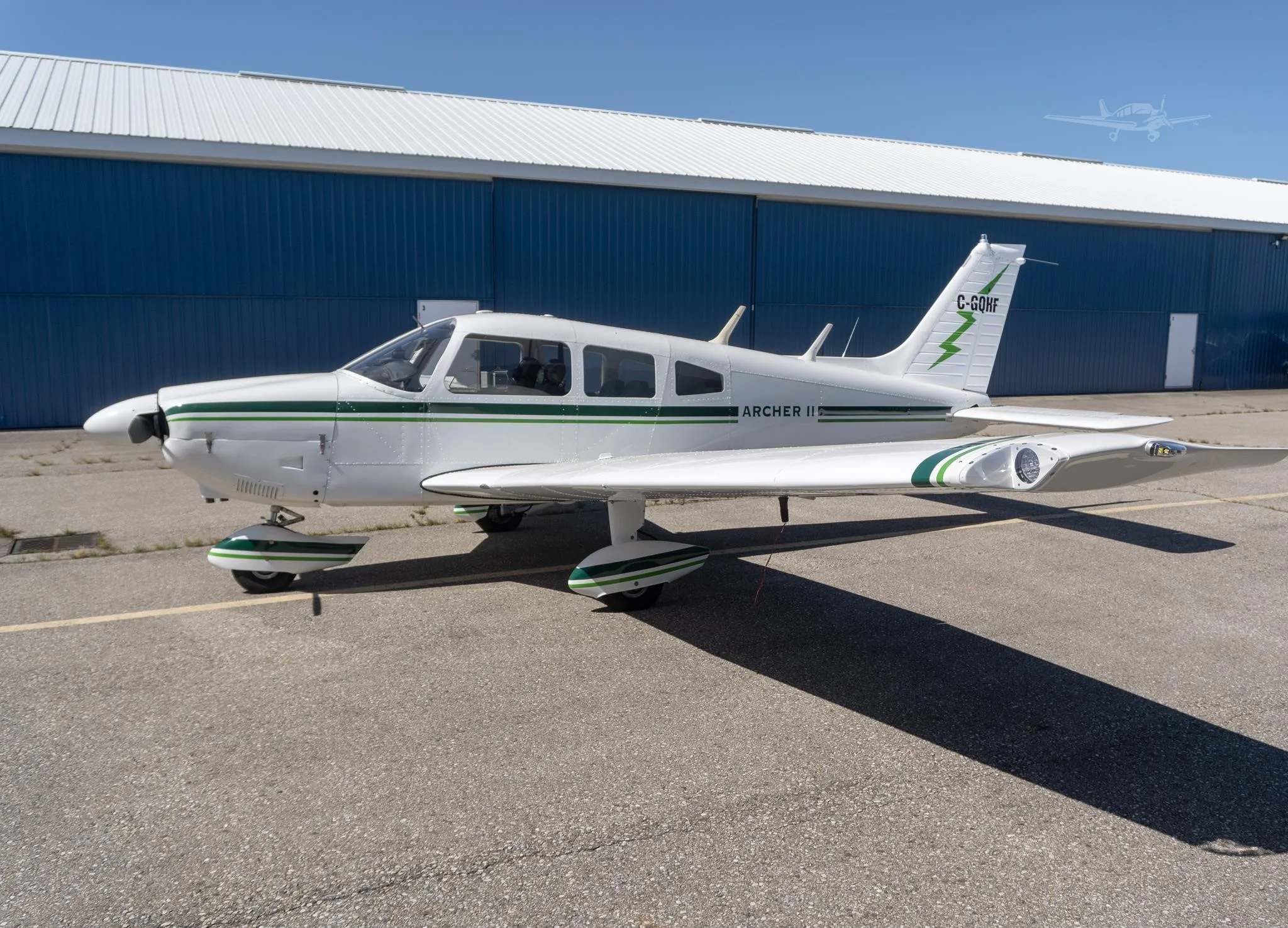 Exterior view of a 1977 PIPER ARCHER II, C-GQHF.